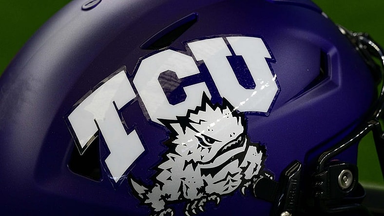 Jul 14, 2022; Arlington, TX, USA; A view of the TCU Horned Frogs helmet logo during the Big 12 Media Day at AT&T Stadium. Mandatory Credit: Jerome Miron-USA TODAY Sports