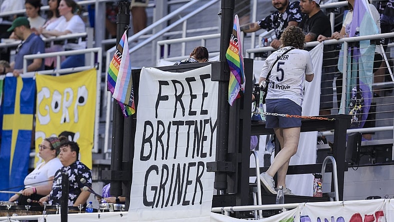Aug 5, 2022; Louisville, Kentucky, USA; A sign supporting Brittney Griner (not pictured), who has recently been sentenced to nine years in prison in Russia, is displayed during the first half of the game between the Washington Spirit and Racing Louisville FC at Lynn Family Stadium. Mandatory Credit: Aaron Doster-USA TODAY Sports