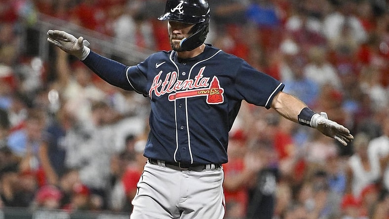 Aug 28, 2022; St. Louis, Missouri, USA; Atlanta Braves shortstop Dansby Swanson (7) reacts after hitting a go ahead three run home run against the St. Louis Cardinals during the seventh inning at Busch Stadium. Mandatory Credit: Jeff Curry-USA TODAY Sports