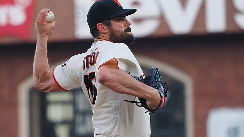 Aug 29, 2022; San Francisco, California, USA; San Francisco Giants starting pitcher Carlos Rodon (16) pitches the ball against the San Diego Padres during the first inning at Oracle Park. Mandatory Credit: Kelley L Cox-USA TODAY Sports