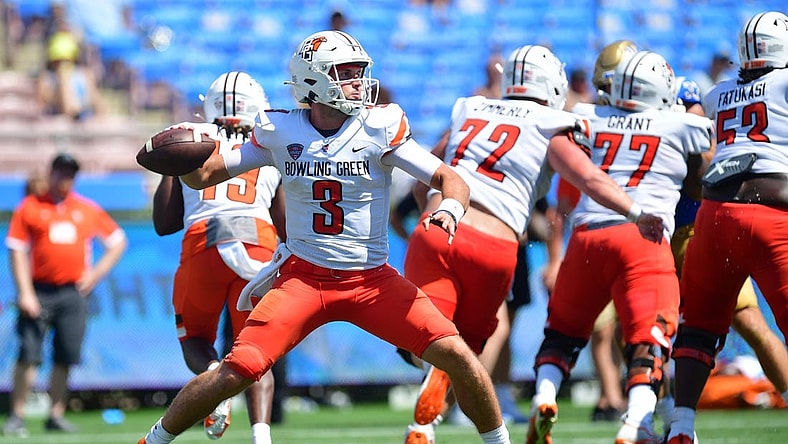 Sep 3, 2022; Pasadena, California, USA; Bowling Green Falcons quarterback Matt McDonald (3) throws against the UCLA Bruins during the second half at Rose Bowl. Mandatory Credit: Gary A. Vasquez-USA TODAY Sports