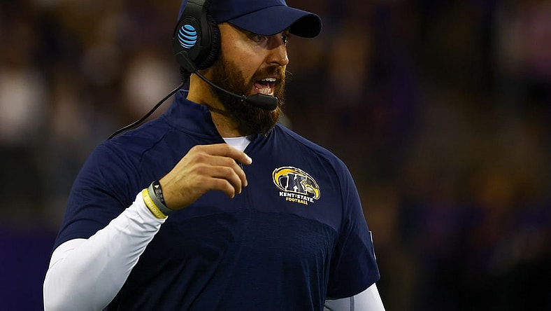 Sep 3, 2022; Seattle, Washington, USA; Kent State Golden Flashes head coach Sean Lewis reacts following a penalty in favor of the Washington Huskies during the second quarter at Alaska Airlines Field at Husky Stadium. Mandatory Credit: Joe Nicholson-USA TODAY Sports