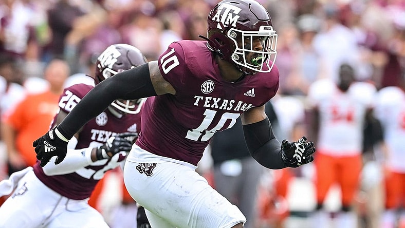 Sep 3, 2022; College Station, Texas, USA;  Texas A&M Aggies wide receiver Chris Marshall (10) in action during the first quarter against the Sam Houston State Bearkats at Kyle Field. Mandatory Credit: Maria Lysaker-USA TODAY Sports