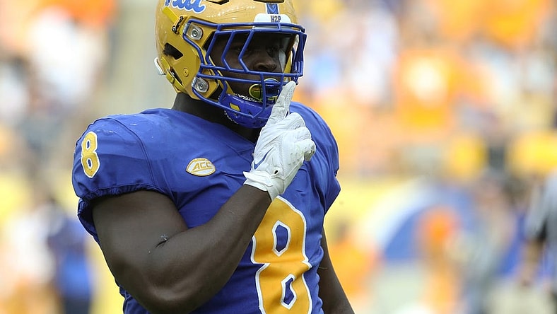 Sep 10, 2022; Pittsburgh, Pennsylvania, USA;  Pittsburgh Panthers defensive lineman Calijah Kancey (8) reacts after recording a sack against the Tennessee Volunteers during the second quarter at Acrisure Stadium. Tennessee won 34-27 in overtime. Mandatory Credit: Charles LeClaire-USA TODAY Sports