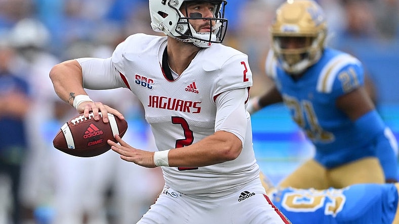Sep 17, 2022; Pasadena, California, USA; South Alabama Jaguars quarterback Carter Bradley (2) sets to pass in the first half against the UCLA Bruins at the Rose Bowl. Mandatory Credit: Jayne Kamin-Oncea-USA TODAY Sports