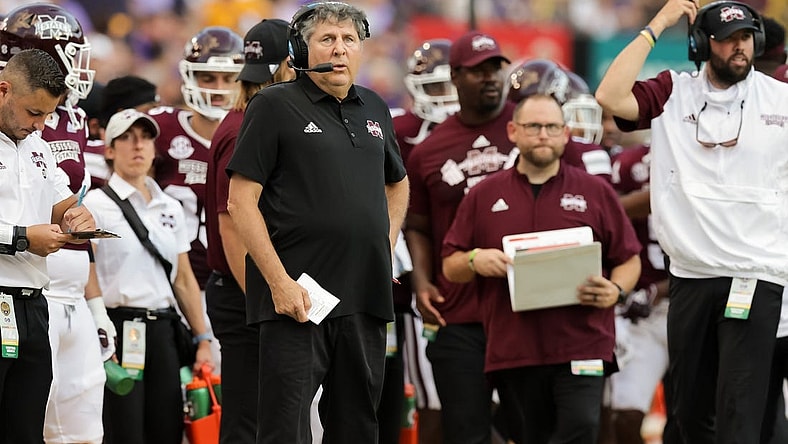 Sep 17, 2022; Baton Rouge, Louisiana, USA;  Mississippi State Bulldogs head coach Mike Leach looks on against the LSU Tigers during the first half at Tiger Stadium. Mandatory Credit: Stephen Lew-USA TODAY Sports