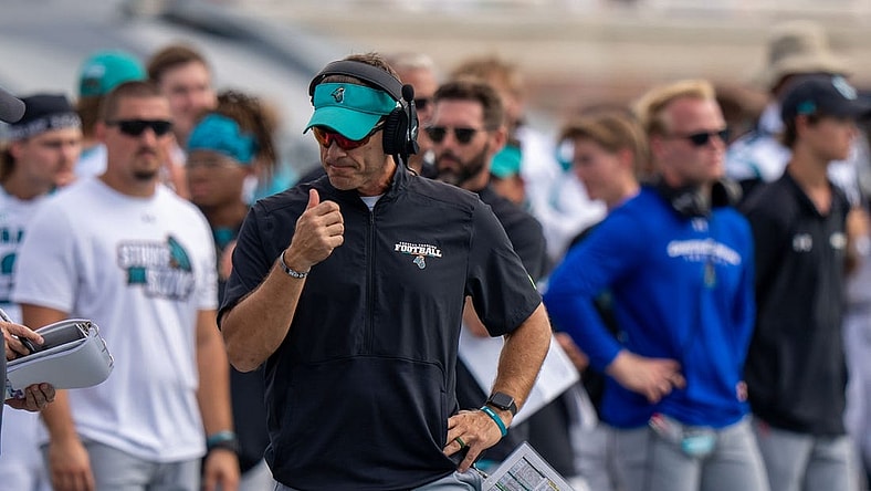 Sep 17, 2022; Conway, South Carolina, USA; Coastal Carolina Chanticleers head coach Jamey Chadwell gives a thumbs up during a game against the Buffalo Bulls at Brooks Stadium. Mandatory Credit: David Yeazell-USA TODAY Sports