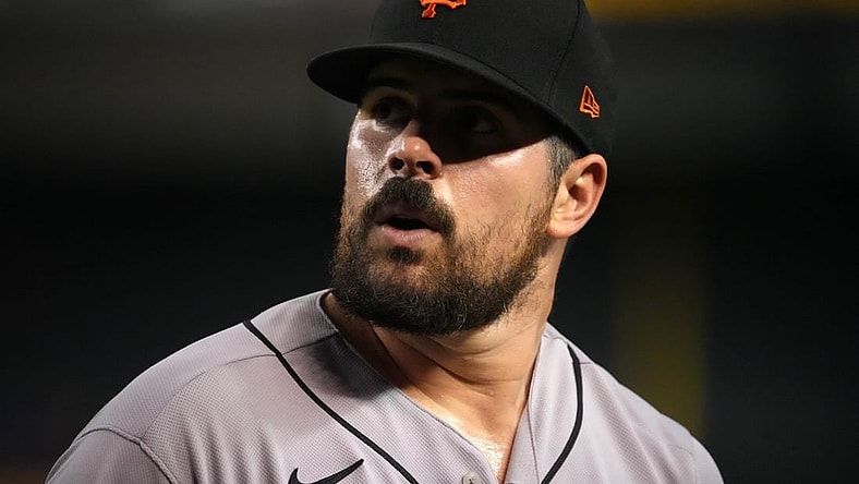 Sep 23, 2022; Phoenix, Arizona, USA; San Francisco Giants starting pitcher Carlos Rodon (16) leaves the game against the Arizona Diamondbacks during the fifth inning at Chase Field. Mandatory Credit: Joe Camporeale-USA TODAY Sports