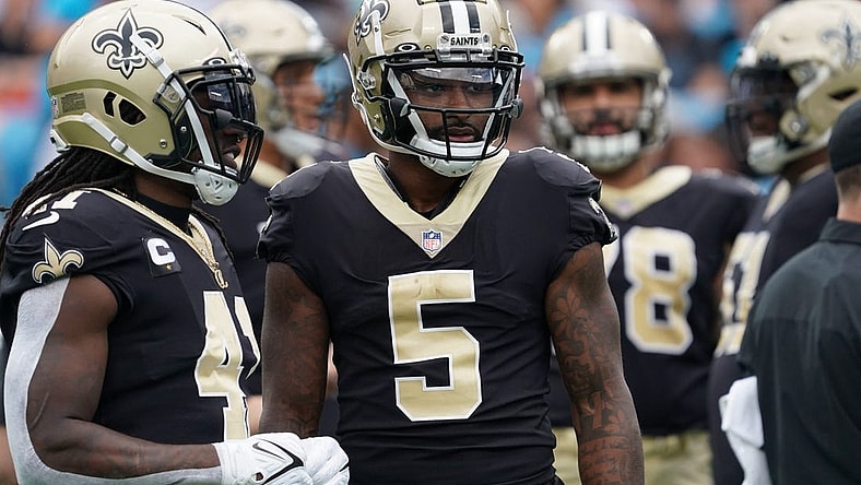 Sep 25, 2022; Charlotte, North Carolina, USA;  New Orleans Saints wide receiver Jarvis Landry (5) looks on against the Carolina Panthers during the first half at Bank of America Stadium. Mandatory Credit: James Guillory-USA TODAY Sports