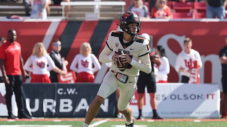 Oct 1, 2022; Salt Lake City, Utah, USA; Oregon State Beavers quarterback Chance Nolan (10) drops back to throw the ball in the first quarter against the Utah Utes at Rice-Eccles Stadium. Mandatory Credit: Rob Gray-USA TODAY Sports