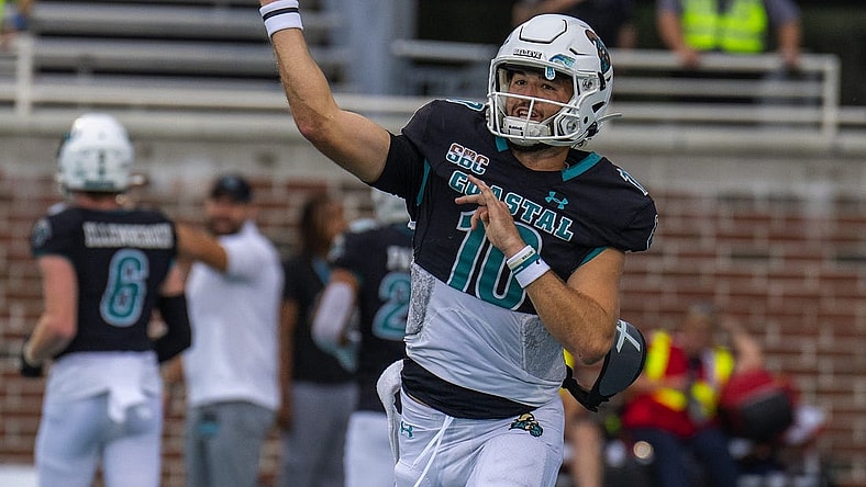 Oct 1, 2022; Conway, South Carolina, USA; Coastal Carolina Chanticleers quarterback Grayson McCall (10) throw a pass warmups prior to a game against the Georgia Southern Eagles at Brooks Stadium. Mandatory Credit: David Yeazell-USA TODAY Sports