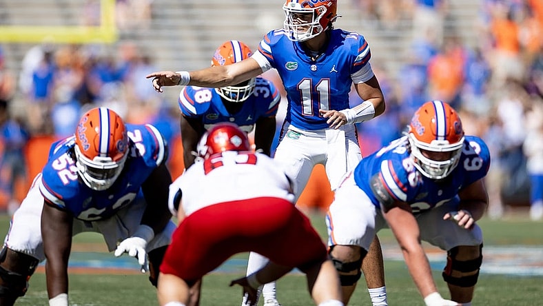 Florida Gators quarterback Jalen Kitna (11) motions before the snap during the second half against the Eastern Washington Eagles at Steve Spurrier Field at Ben Hill Griffin Stadium in Gainesville, FL on Sunday, October 2, 2022. [Matt Pendleton/Gainesville Sun]

Ncaa Football Florida Gators Vs Eastern Washington Eagles