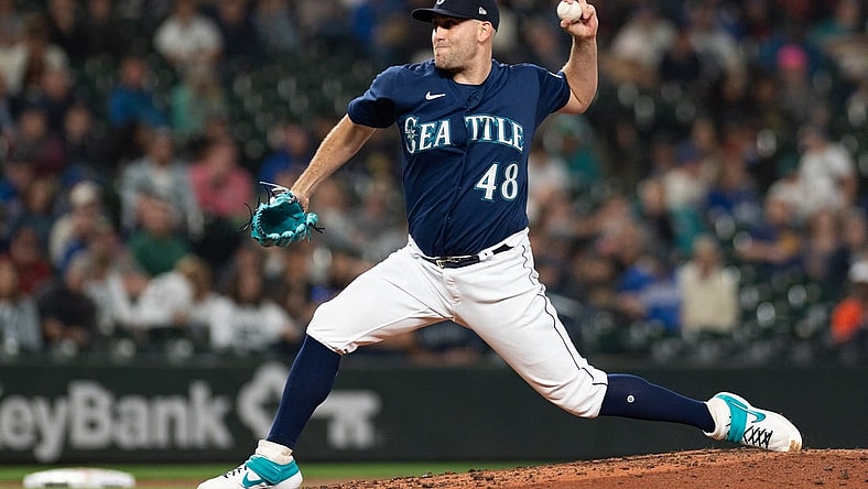 Oct 3, 2022; Seattle, Washington, USA; Seattle Mariners relief pitcher Matthew Boyd (48) pitches to the Detroit Tigers during the sixth inning at T-Mobile Park. Mandatory Credit: Steven Bisig-USA TODAY Sports