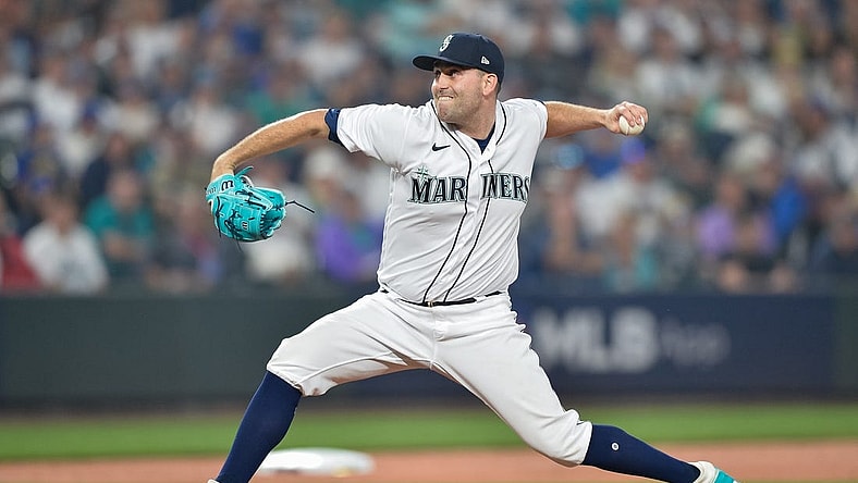 Oct 15, 2022; Seattle, Washington, USA; Seattle Mariners relief pitcher Matthew Boyd (48) pitches in the sixteenth inning against the Houston Astros during game three of the ALDS for the 2022 MLB Playoffs at T-Mobile Park. Mandatory Credit: Steven Bisig-USA TODAY Sports