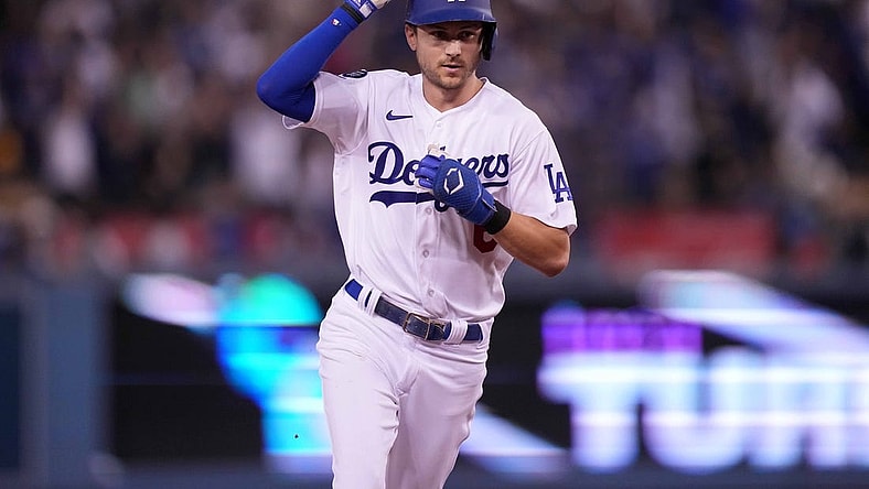 Oct 11, 2022; Los Angeles, California, USA; Los Angeles Dodgers shortstop Trea Turner (6) rounds the bases after hitting a home run during the 1st inning of game one of the NLDS for the 2022 MLB Playoffs against the San Diego Padres at Dodger Stadium. Mandatory Credit: Kirby Lee-USA TODAY Sports