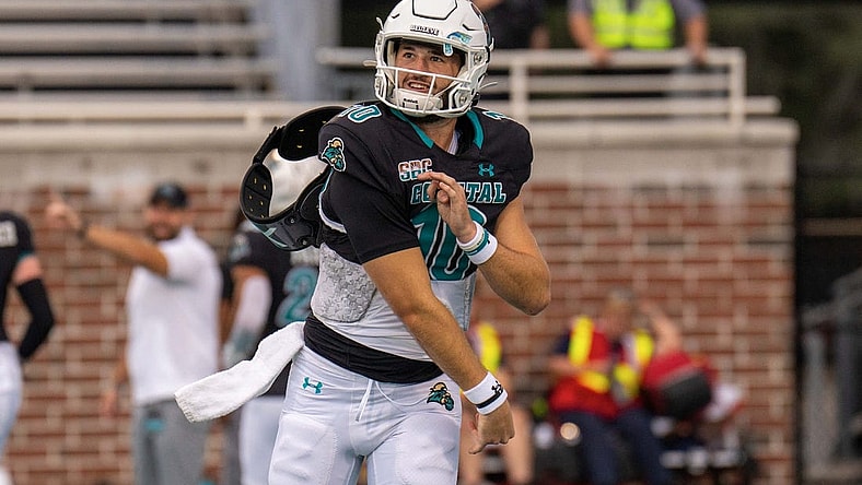Oct 1, 2022; Conway, South Carolina, USA; Coastal Carolina Chanticleers quarterback Grayson McCall (10) throws the ball prior to a game against the Georgia Southern Eagles at Brooks Stadium. Mandatory Credit: David Yeazell-USA TODAY Sports