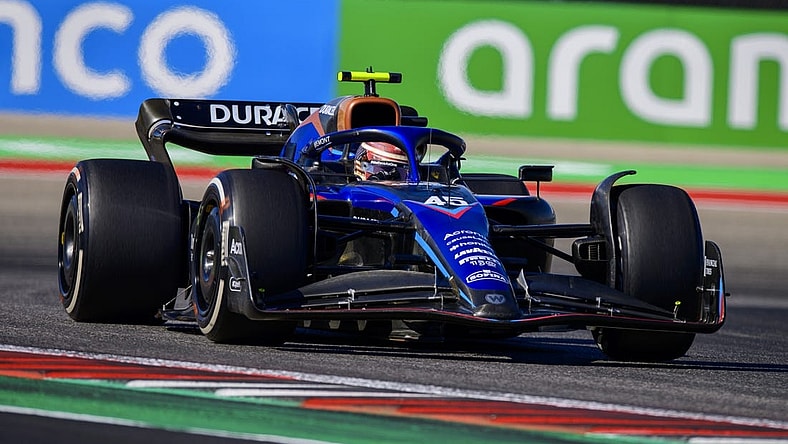 Oct 21, 2022; Austin, Texas, USA; Williams Racing driver Logan Sargeant (45) of Team USA drives during practice for the U.S. Grand Prix at the Circuit of the Americas. Mandatory Credit: Jerome Miron-USA TODAY Sports