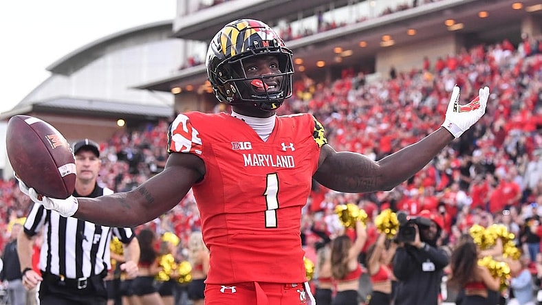 Oct 22, 2022; College Park, Maryland, USA; Maryland Terrapins wide receiver Rakim Jarrett (1) reacts after scoring a touchdown against the Northwestern Wildcats during the second half at SECU Stadium. Mandatory Credit: Brad Mills-USA TODAY Sports