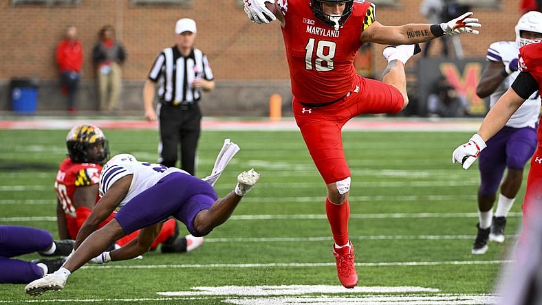 Oct 22, 2022; College Park, Maryland, USA; Maryland Terrapins tight end CJ Dippre runs after a catch against the Northwestern Wildcats during the second half at SECU Stadium. Mandatory Credit: Brad Mills-USA TODAY Sports
