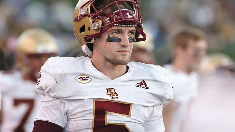 Oct 22, 2022; Winston-Salem, North Carolina, USA;  Boston College Eagles quarterback Phil Jurkovec (5) walks on the bench during the second half against the Wake Forest Demon Deacons at Truist Field. Mandatory Credit: Reinhold Matay-USA TODAY Sports