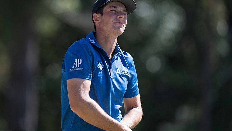 Oct 20, 2022; Ridgeland, South Carolina, USA; Viktor Hovland watches his shot from the 12th tee during the first round of THE CJ CUP in South Carolina golf tournament. Mandatory Credit: David Yeazell-USA TODAY Sports