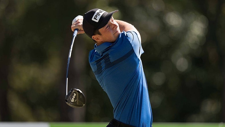 Oct 20, 2022; Ridgeland, South Carolina, USA; Viktor Hovland plays from the 12th tee during the first round of THE CJ CUP in South Carolina golf tournament. Mandatory Credit: David Yeazell-USA TODAY Sports