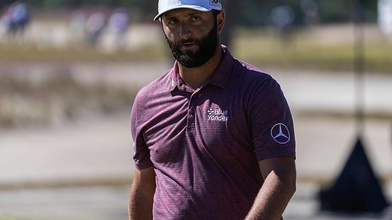 Oct 23, 2022; Ridgeland, South Carolina, USA; Jon Rahm reacts to a missed birdie putt on the third green during the final round of THE CJ CUP in South Carolina golf tournament. Mandatory Credit: David Yeazell-USA TODAY Sports