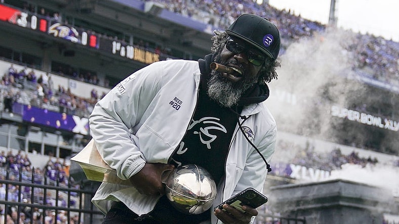 Oct 23, 2022; Baltimore, Maryland, USA;  Ed Reed is introduced during a pregame ceremony featuring the 2012 Super Bowl team as part of the 10-year anniversary celebration at M&T Bank Stadium. Mandatory Credit: Jessica Rapfogel-USA TODAY Sports