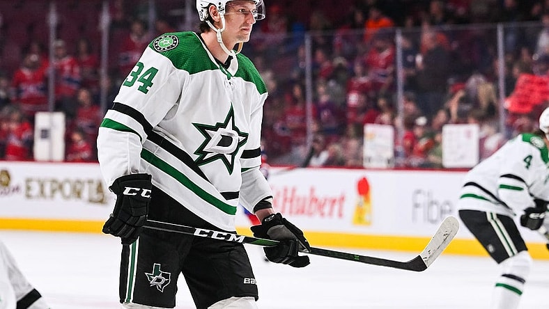 Oct 22, 2022; Montreal, Quebec, CAN; Dallas Stars right wing Denis Gurianov (34) during warmup before the game against the Montreal Canadiens at Bell Centre. Mandatory Credit: David Kirouac-USA TODAY Sports