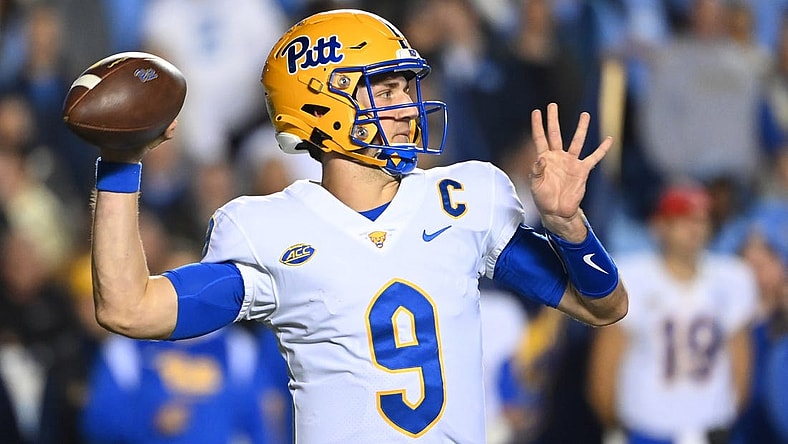 Oct 29, 2022; Chapel Hill, North Carolina, USA; Pittsburgh Panthers quarterback Kedon Slovis (9) looks to pass in the fourth quarter at Kenan Memorial Stadium. Mandatory Credit: Bob Donnan-USA TODAY Sports