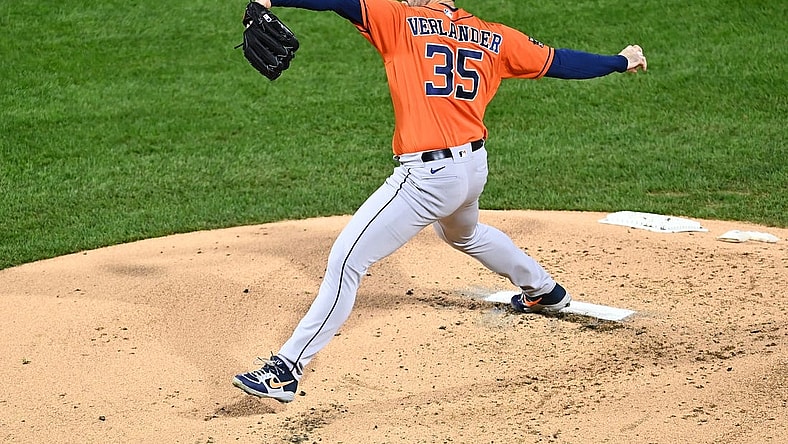 Nov 3, 2022; Philadelphia, Pennsylvania, USA; Houston Astros starting pitcher Justin Verlander (35) pitches against the Philadelphia Phillies during the second inning in game five of the 2022 World Series at Citizens Bank Park. Mandatory Credit: Kyle Ross-USA TODAY Sports
