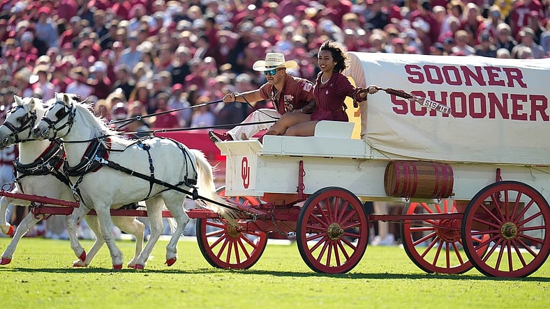 Nov 5, 2022; Norman, Oklahoma, USA; The Sooner Schooner enters the field after Oklahoma Sooners score a touchdown against the Baylor Bears during the first half at Gaylord Family-Oklahoma Memorial Stadium. Mandatory Credit: Chris Jones-USA TODAY Sports