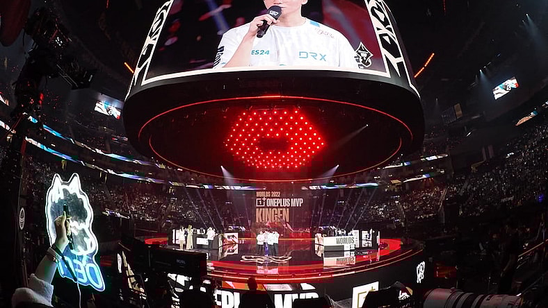 Nov 5, 2022; San Francisco, California, USA; DRX top laner Hwang "Kingen" Seong-hoon receives the MVP award after the in abasing T1 in the League of Legends World Championships at Chase Center. Mandatory Credit: Kelley L Cox-USA TODAY Sports