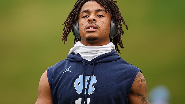 Nov 5, 2022; Charlottesville, Virginia, USA; North Carolina Tar Heels wide receiver Josh Downs (11) looks on before the game against the North Carolina Tar Heels at Scott Stadium. Mandatory Credit: Scott Taetsch-USA TODAY Sports
