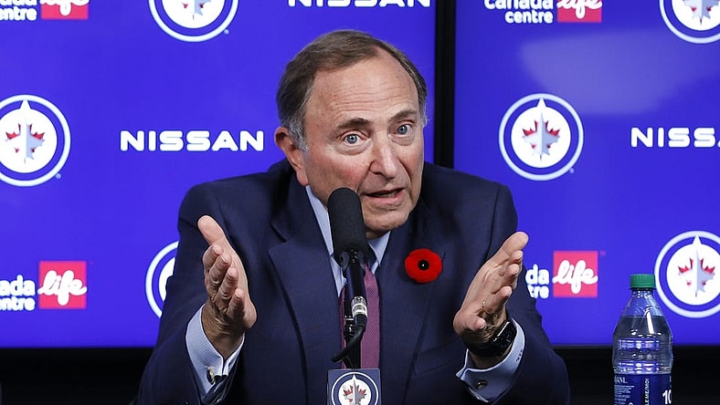 Nov 8, 2022; Winnipeg, Manitoba, CAN; NHL Commisioner Gary Bettman addresses the media before a game against the Winnipeg Jets and Dallas Stars at Canada Life Centre. Mandatory Credit: James Carey Lauder-USA TODAY Sports