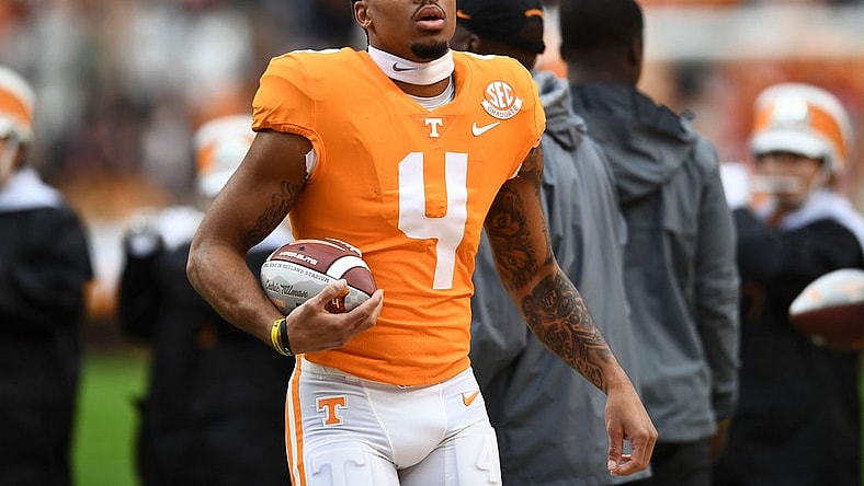 Tennessee wide receiver Cedric Tillman (4) carries the ball he was presented during a pregame ceremony recognizing the team seniors before the start of the NCAA college football game against Missouri on Saturday, November 12, 2022 in Knoxville, Tenn.
Ut Vs Missouri