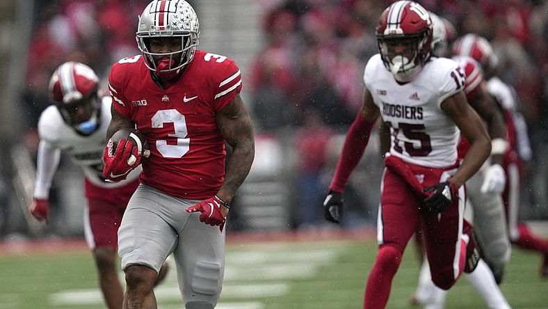 Nov 12, 2022; Columbus, Ohio, USA; Ohio State Buckeyes running back Miyan Williams (3) runs in a touchdown in the first quarter of their NCAA Division I football game between the Ohio State Buckeyes and the Indiana Hoosiers at Ohio Stadium. Mandatory Credit: Brooke LaValley/The Columbus Dispatch-USA TODAY NETWORK