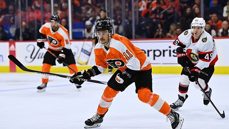Nov 12, 2022; Philadelphia, Pennsylvania, USA; Philadelphia Flyers right wing Travis Konecny (11) in action against the Ottawa Senators  in the first period at Wells Fargo Center. Mandatory Credit: Kyle Ross-USA TODAY Sports