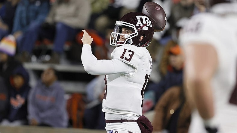 Nov 12, 2022; Auburn, Alabama, USA;  Texas A&M Aggies quarterback Haynes King (13) warms up before the game against the Auburn Tigers at Jordan-Hare stadium. Mandatory Credit: John Reed-USA TODAY Sports