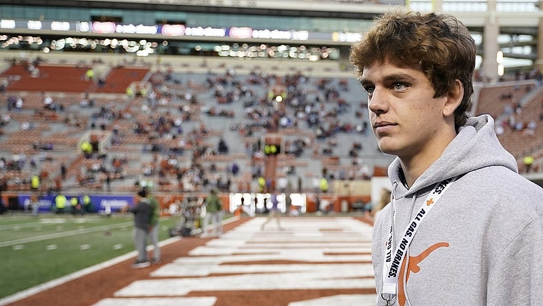 Nov 12, 2022; Austin, Texas, USA; Texas Longhorns quarterback recruit Arch Manning on the sidelines before the game against the Texas Christian Horned Frogs at Darrell K Royal-Texas Memorial Stadium. Mandatory Credit: Scott Wachter-USA TODAY Sports