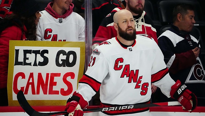 Nov 12, 2022; Denver, Colorado, USA;  Carolina Hurricanes center Derek Stepan (21) before the game against the Colorado Avalanche at Ball Arena. Mandatory Credit: Ron Chenoy-USA TODAY Sports