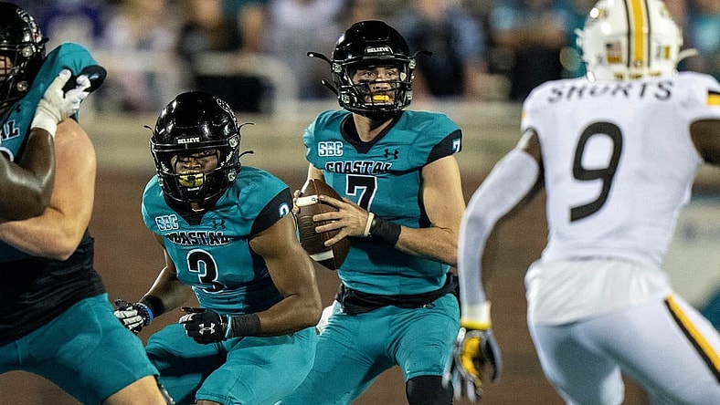 Nov 12, 2022; Conway, South Carolina, USA; Coastal Carolina Chanticleers quarterback Jarrett Guest (7) sets for a pass in the fourth quarter against the Southern Mississippi Golden Eagles at Brooks Stadium. Mandatory Credit: David Yeazell-USA TODAY Sports