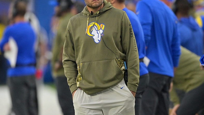 Nov 13, 2022; Inglewood, California, USA; Los Angeles Rams quarterback Matthew Stafford (9) watches the game against the Arizona Cardinals from the sidelines at SoFi Stadium. Mandatory Credit: Jayne Kamin-Oncea-USA TODAY Sports
