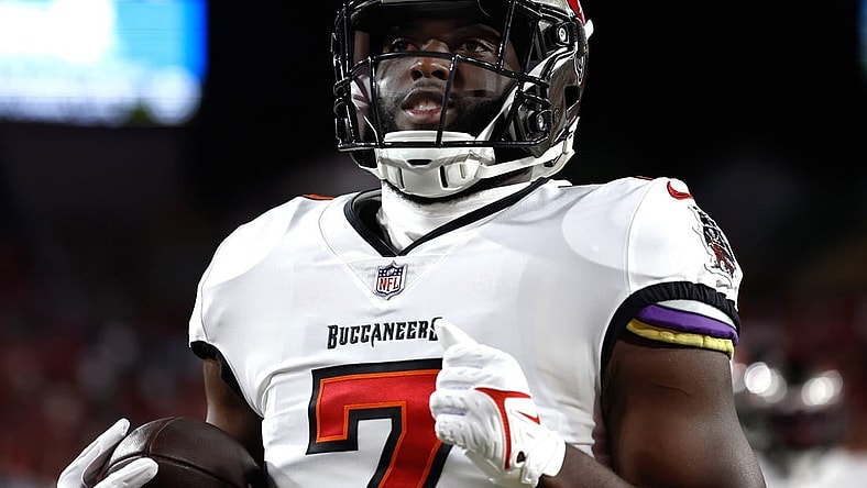 Oct 2, 2022; Tampa, Florida, USA;  Tampa Bay Buccaneers running back Leonard Fournette (7) against the Kansas City Chiefs prior to the game at Raymond James Stadium. Mandatory Credit: Kim Klement-USA TODAY Sports