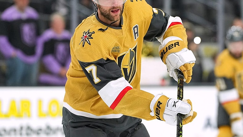 Nov 15, 2022; Las Vegas, Nevada, USA; Vegas Golden Knights defenseman Alex Pietrangelo (7) warms up before a game against the San Jose Sharks at T-Mobile Arena. Mandatory Credit: Stephen R. Sylvanie-USA TODAY Sports