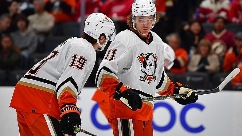 Nov 15, 2022; Anaheim, California, USA; Anaheim Ducks center Trevor Zegras (11) speaks with right wing Troy Terry (19) during the second period at Honda Center. Mandatory Credit: Gary A. Vasquez-USA TODAY Sports