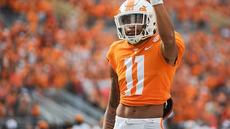 Tennessee wide receiver Jalin Hyatt (11) celebrates during a game between Tennessee and Alabama in Neyland Stadium, on Saturday, Oct. 15, 2022.

RANK  1 Tennesseevsalabama1015 3369
