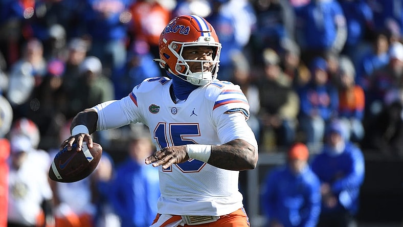 Nov 19, 2022; Nashville, Tennessee, USA; Florida Gators quarterback Anthony Richardson (15) attempts a pass during the first half against the Vanderbilt Commodores at FirstBank Stadium. Mandatory Credit: Christopher Hanewinckel-USA TODAY Sports