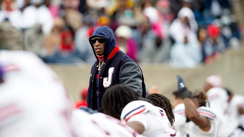 Jackson State coach Deion Sanders watches the Tigers warm up before the game with Alcorn State at the Jack Spinks Football Stadium in Lorman, Miss., Saturday, Nov. 19, 2022.
Tcl Jsu Alcorn