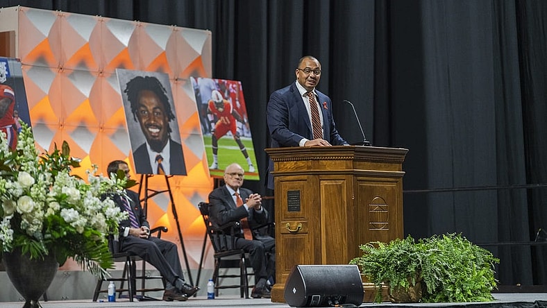 Nov 19, 2022; Charlottesville, Virginia, USA; University of Virginia football coach Tony Elliott speaks during a memorial service for three slain University of Virginia football players Lavel Davis Jr., D Sean Perry and Devin Chandler at John Paul Jones Arena. Mandatory Credit: Erin Edgerton/Pool Photo-USA TODAY Sports
